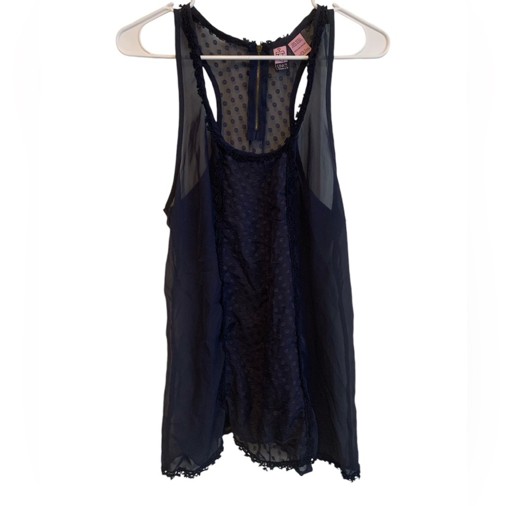 Boutique Love on a Hanger navy blue indigo sheer polka dot sleeveless racerback